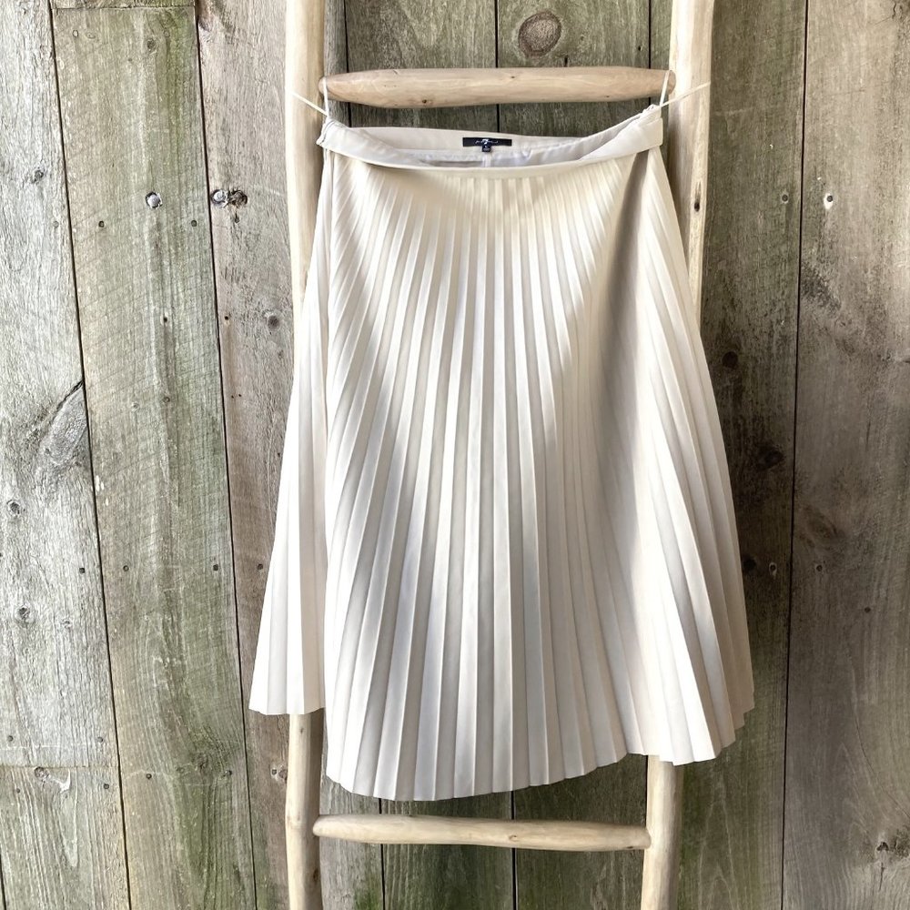 7 FOR ALL MANKIND Pleated Ivory Faux Leather Midi Skirt, Size L